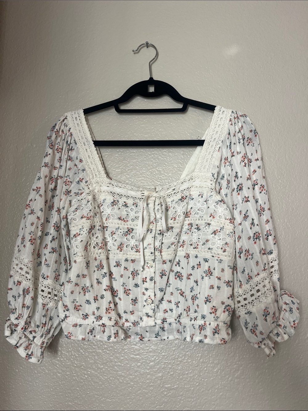 White Floral Lace Peasant Top - Boho Women's Blouse